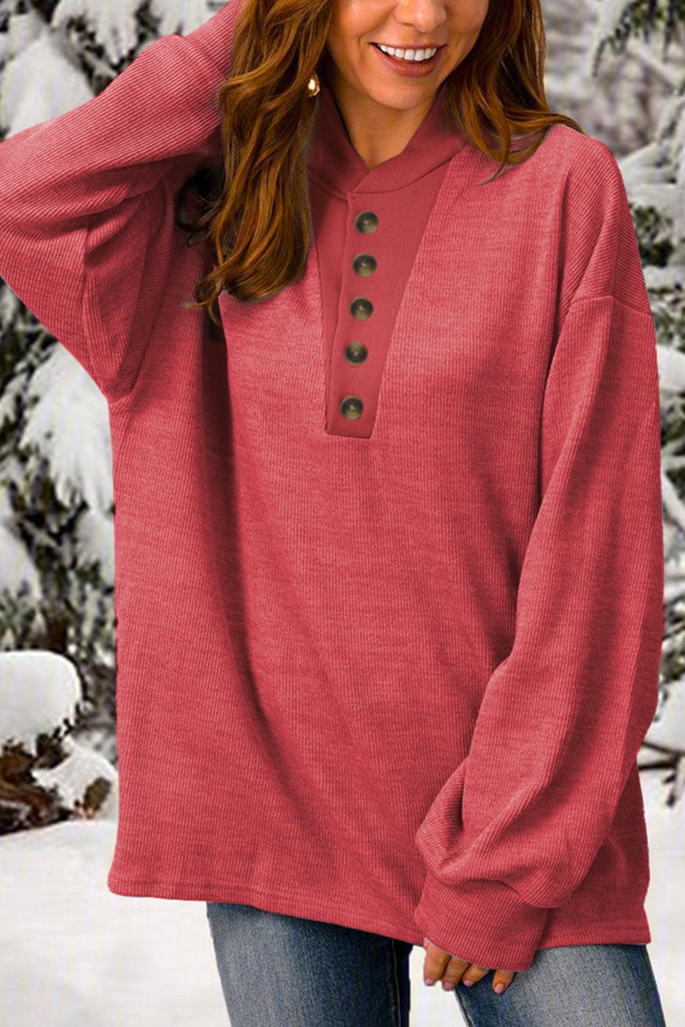 Red Plain Buttoned Henley Sweatshirt - L & M Kee, LLC