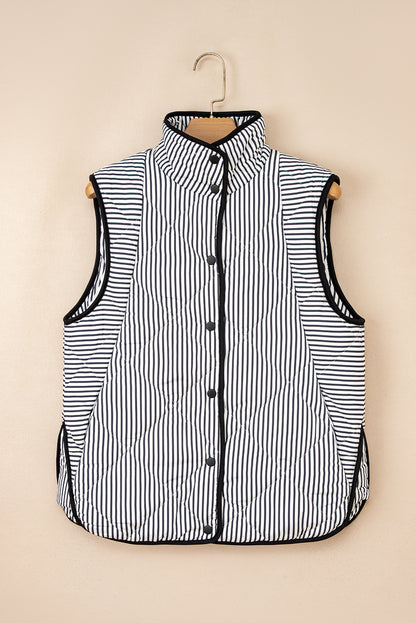 Black Stripe Contrast Trim Snap Button Collared Winter Vest