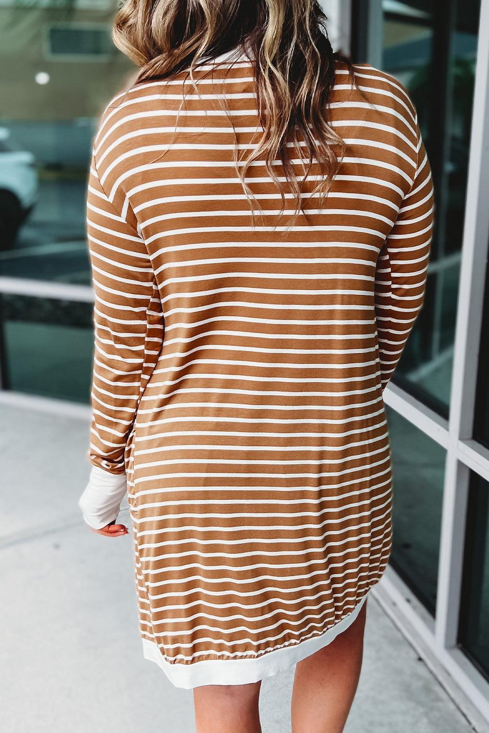 Brown Striped Side Pockets Open Front Cardigan - L & M Kee, LLC