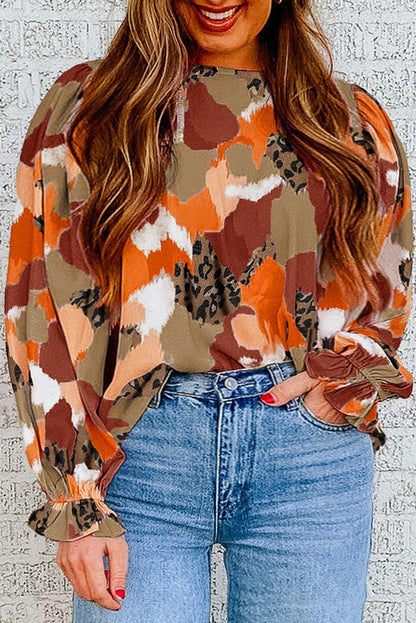 Multicolour Plus Size Abstract Print Puff Sleeve Blouse - L & M Kee, LLC