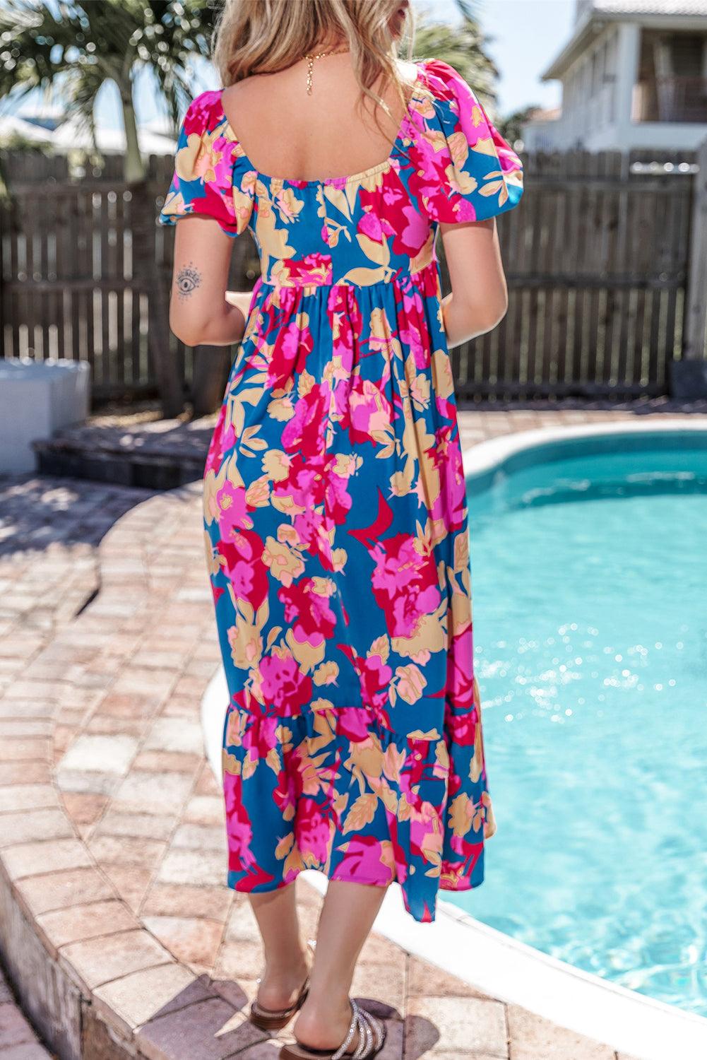 Dark Blue Square Neck Bubble Sleeve Ruffled Floral Dress - L & M Kee, LLC