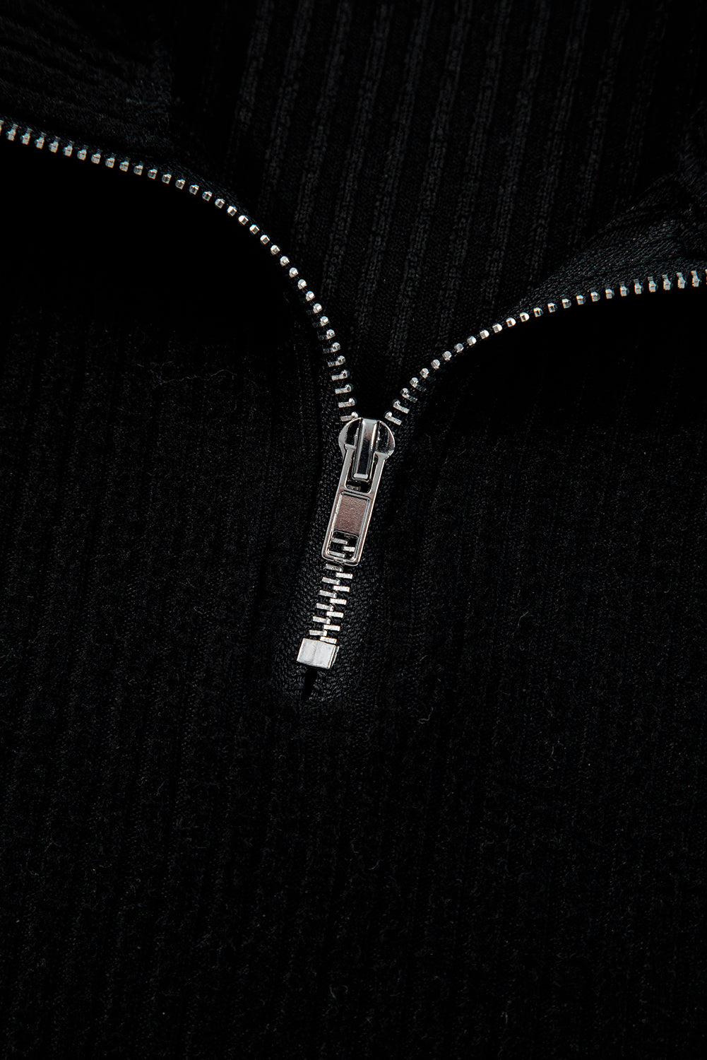 Black Ribbed Zip Stand Neck Drop Shoulder Pullover Bodycon Skirt 2pcs Set