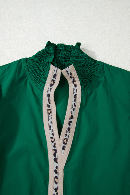 Evergreen Puffy Flounce Sleeve Leopard Trim V Neck Blouse