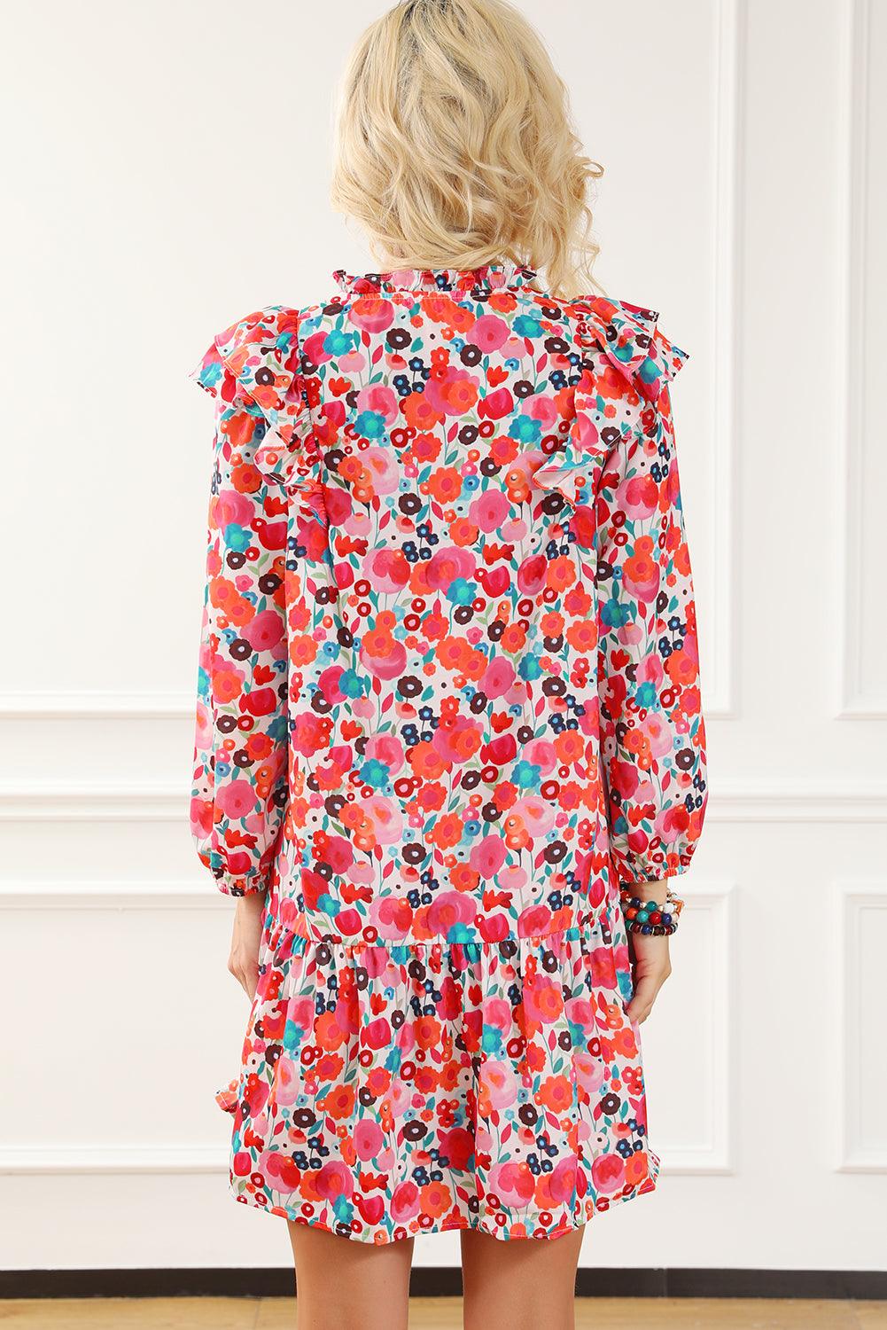 Multicolour Ruffle Split Neck Floral Long Sleeve Dress - L & M Kee, LLC