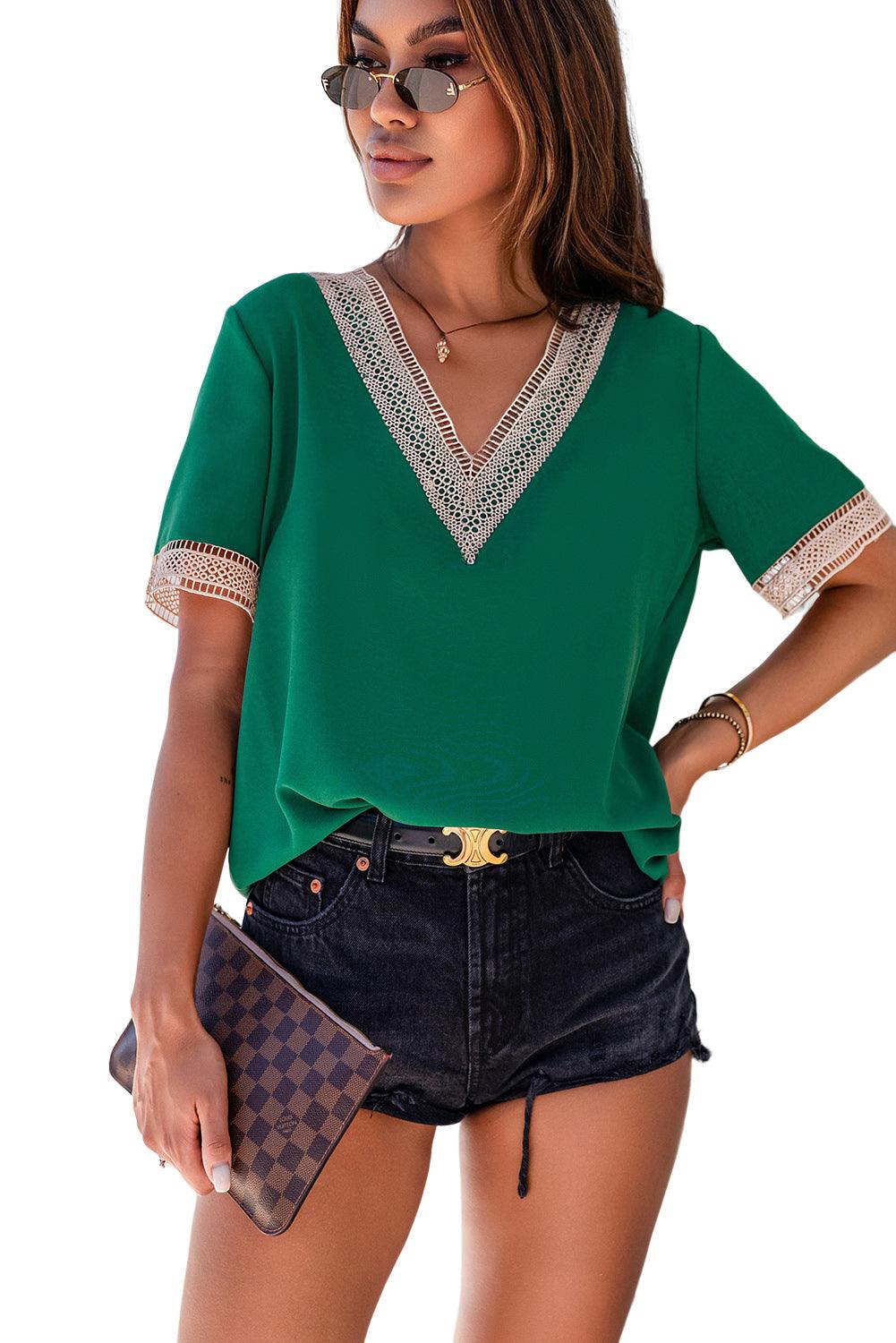 Lace Trim V Neck Short Sleeve Blouse - L & M Kee, LLC