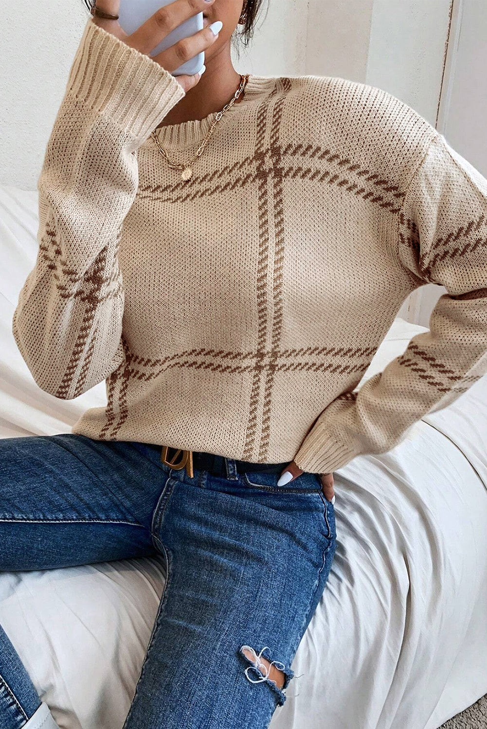 Pink Plaid Pattern Knitted Drop Shoulder Sweater