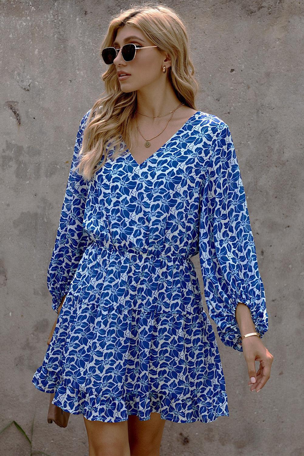 Blue V Neck Lantern Sleeves Floral Tunic Dress - L & M Kee, LLC