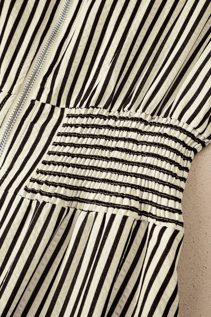 Green Stripe V Neck Zip Front Cinched High Waist Midi Dress