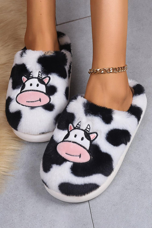 Bright White Cartoon Cow Embroidered Fuzzy Home Slippers - L & M Kee, LLC