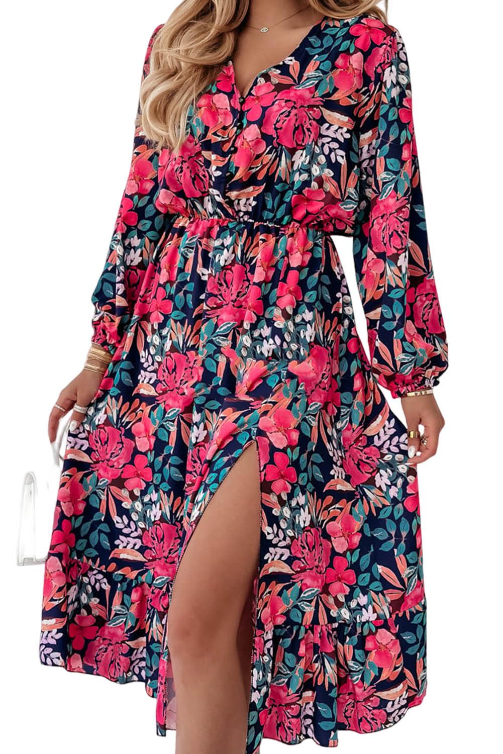 V Neck Elastic High Waist Split Floral Dress - L & M Kee, LLC