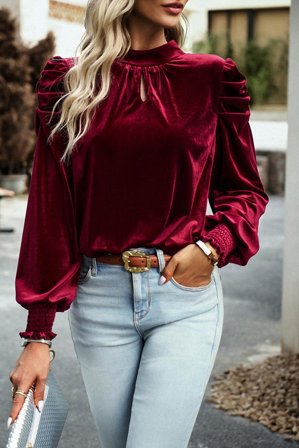 Fiery Red Mock Neck Puff Sleeve Velvet Blouse - L & M Kee, LLC