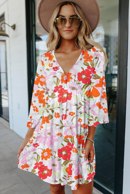 V Neck 3/4 Sleeve Floral Dress - L & M Kee, LLC