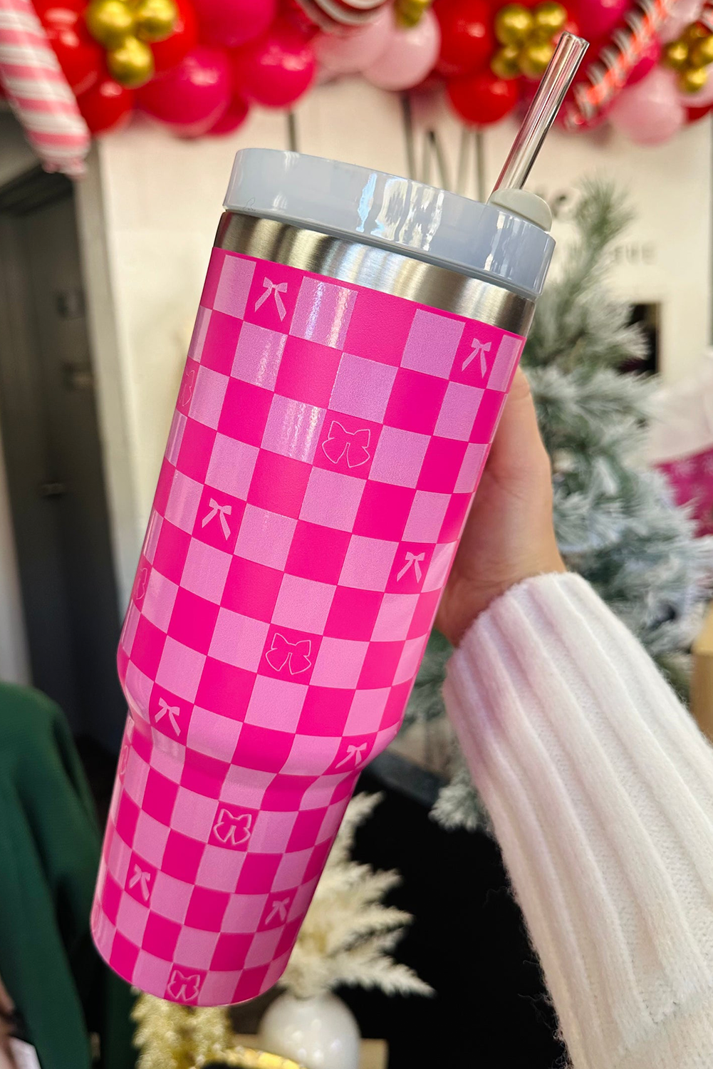 Bright Pink Bow Knot Checkered Print Large Stainless Steel Tumbler