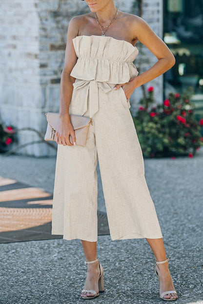 Beige Ruffled Strapless Wide Leg Jumpsuit - L & M Kee, LLC