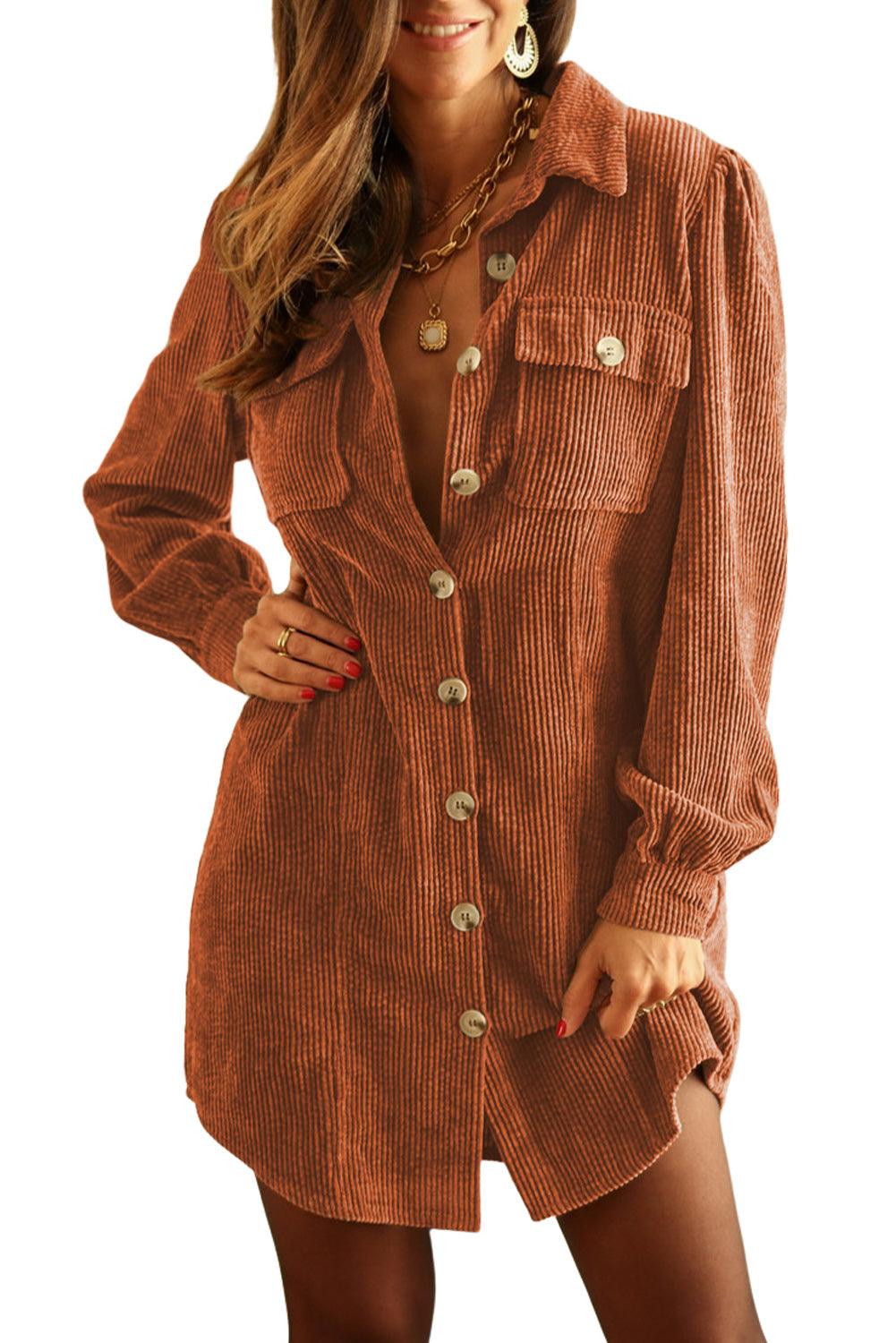 Khaki Corduroy Buttoned 	Long Sleeve Shirt Dress - L & M Kee, LLC