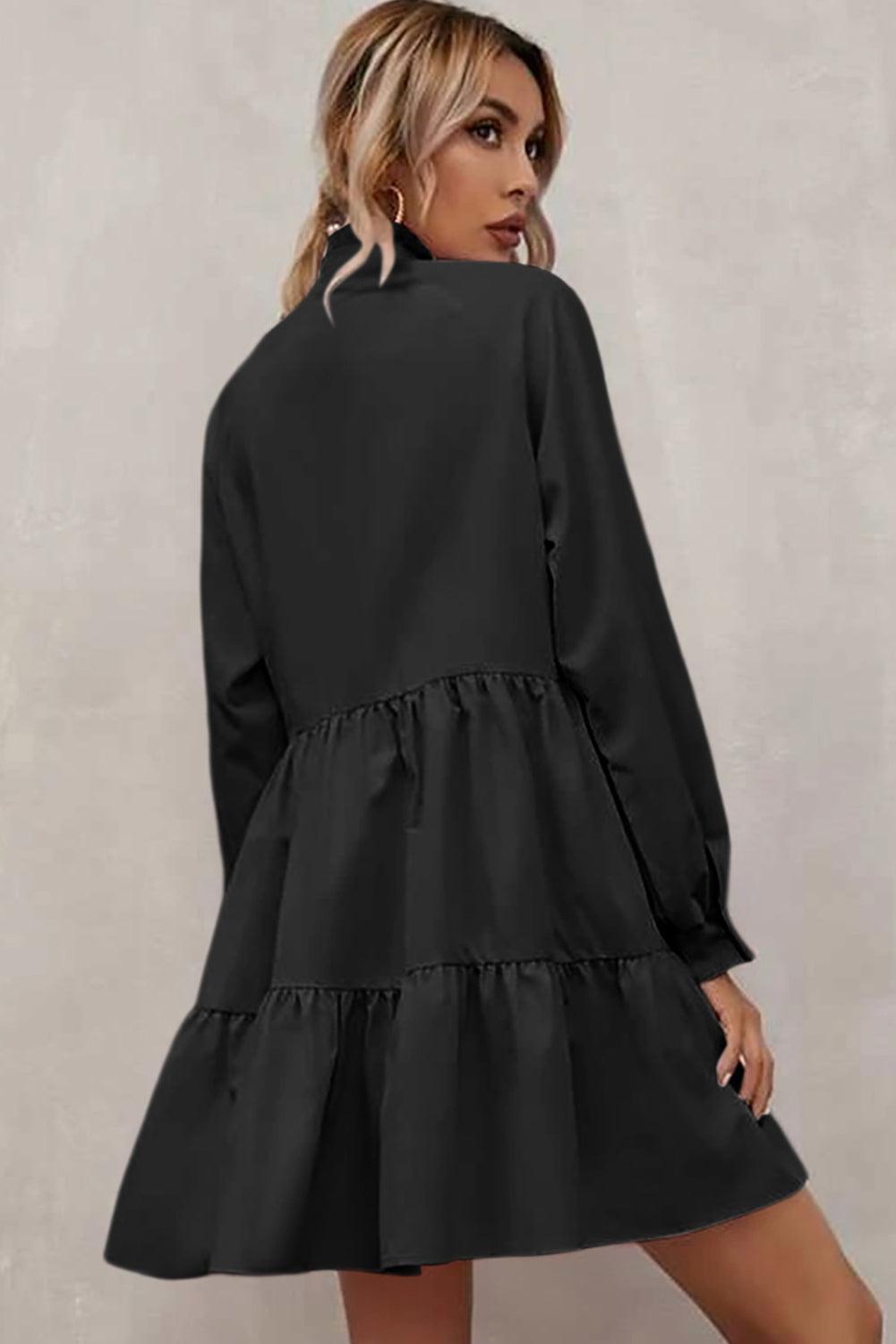 Black Frilled Stand Collar Long Sleeve Ruffle Dress - L & M Kee, LLC