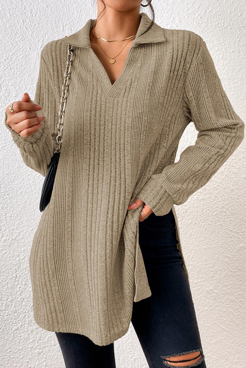 Apricot Ribbed Knit V Neck Collared Split Hem Tunic - L & M Kee, LLC