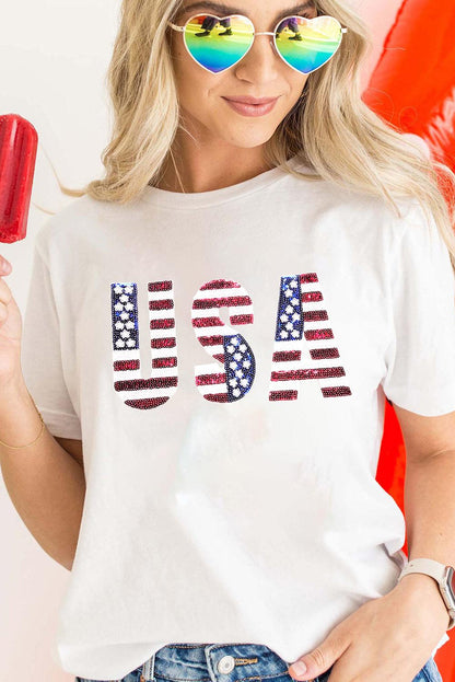 White USA Flag Sequin Patched Round Neck T Shirt - L & M Kee, LLC