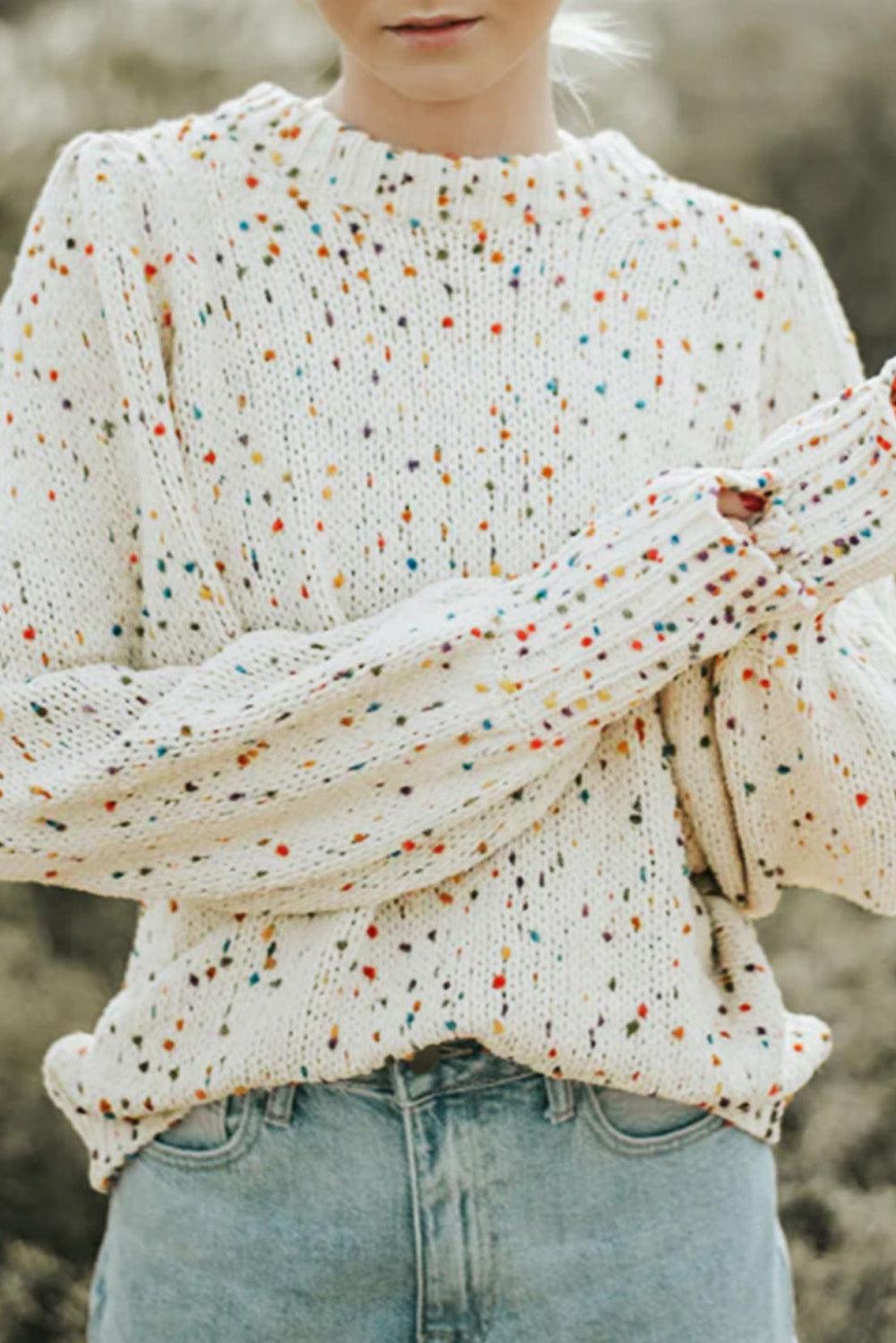 Beige Colorful Dots Cable Knit Crew Neck Sweater - L & M Kee, LLC