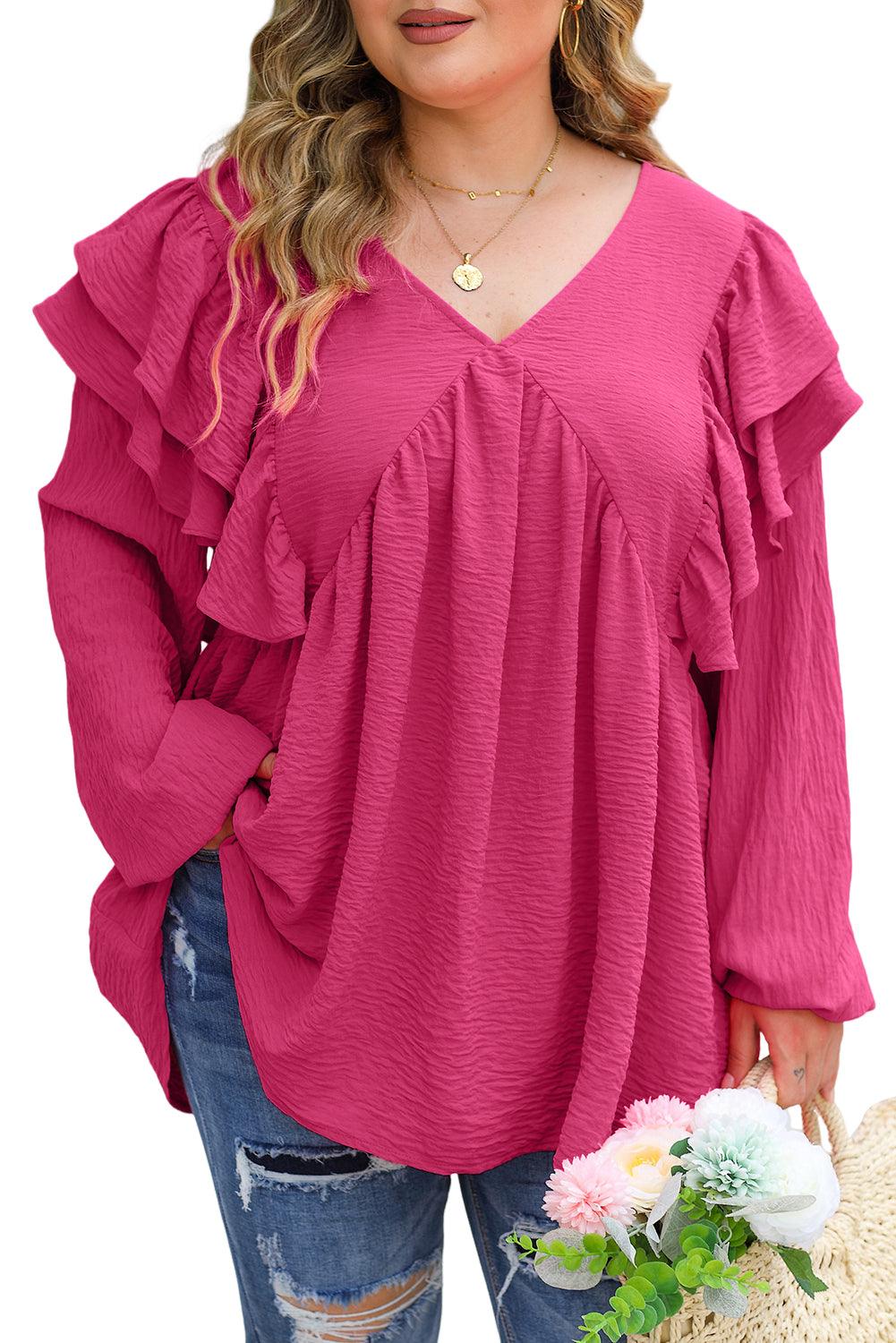 Pink Crinkle Ruffled V Neck Plus Size Blouse - L & M Kee, LLC