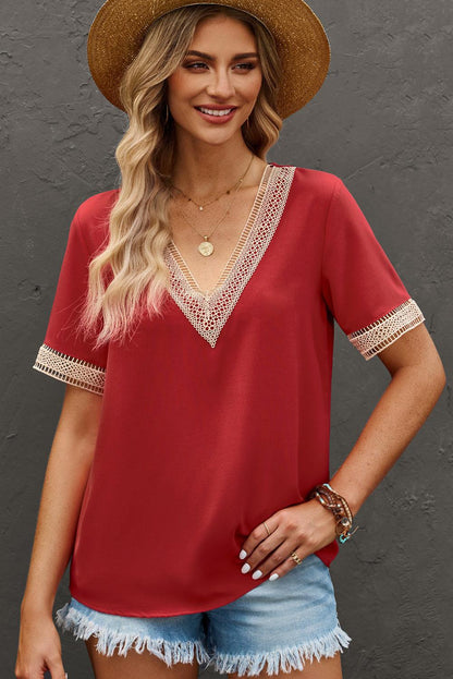 Lace Trim V Neck Short Sleeve Blouse - L & M Kee, LLC