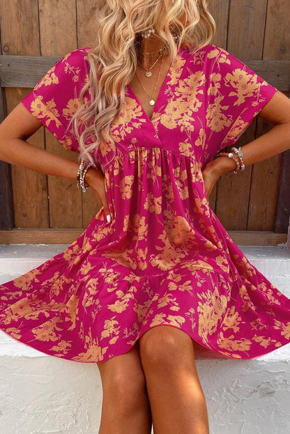 Rose Floral Print Batwing Sleeve Smock Dress - L & M Kee, LLC