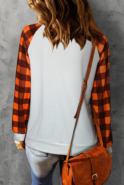 Halloween Pumpkin Graphic Plaid Raglan Long Sleeve Top - L & M Kee, LLC