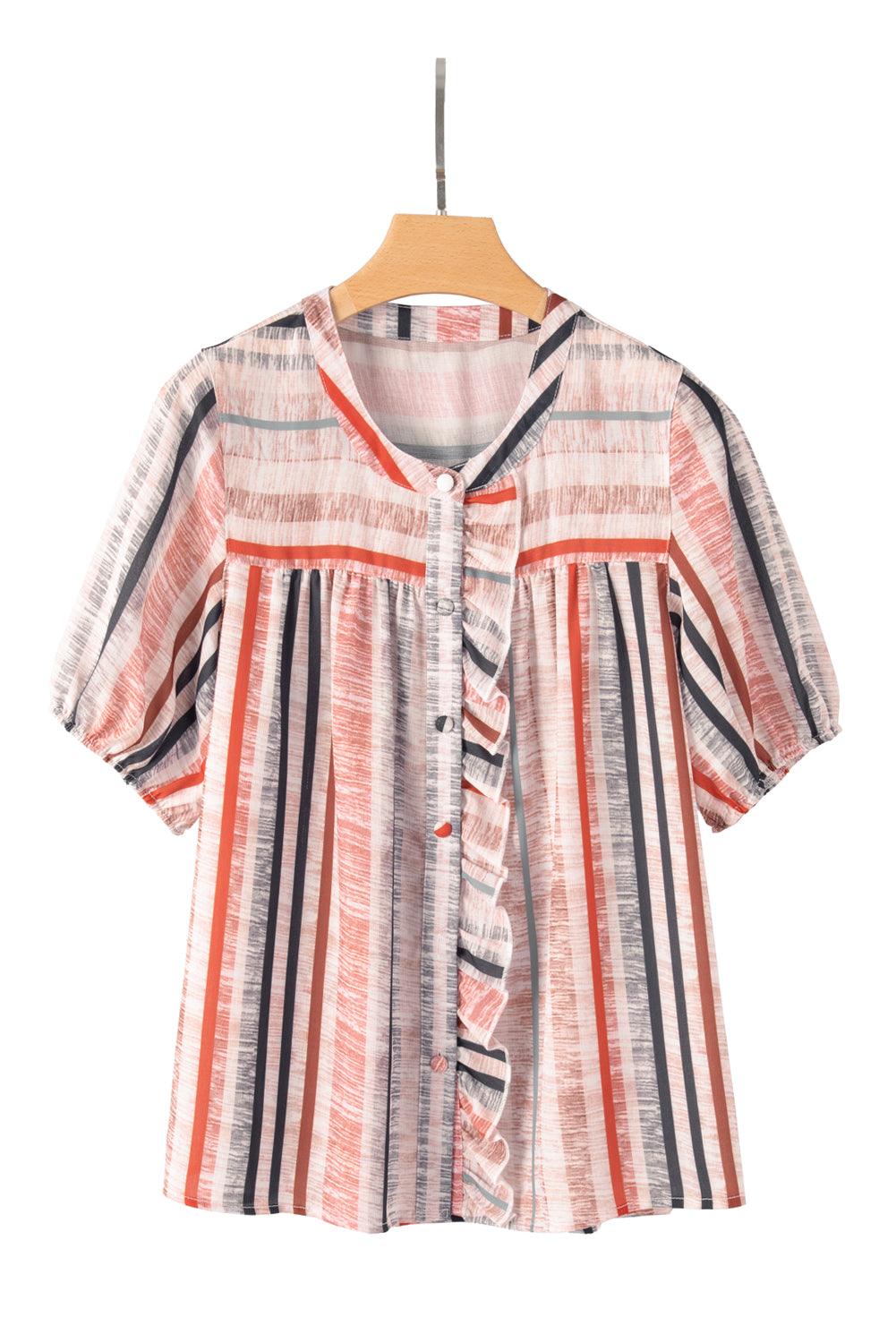 Khaki Stripe Multicolor Frilled Short Sleeve Shirt - L & M Kee, LLC