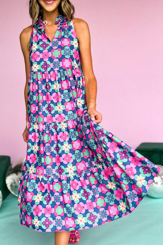 Blue Floral Print Frilly Neck Sleeveless Tiered Maxi Dress - L & M Kee, LLC