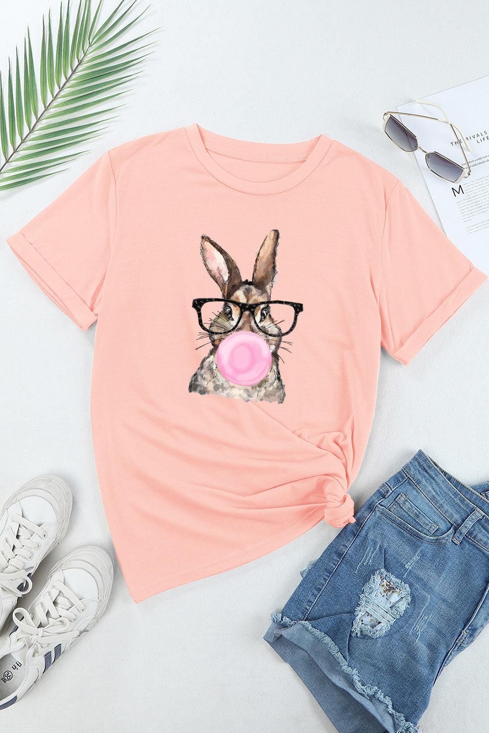 Pink Easter Rabbit Print Round Neck Casual Tee - L & M Kee, LLC