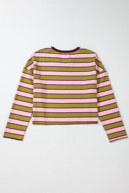 Spinach Green Clashing Stripes Waffle Texture Notched Neck Long Sleeve Top