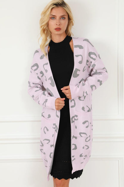 Pink Leopard Pocketed Open Front Long Cardigan - L & M Kee, LLC