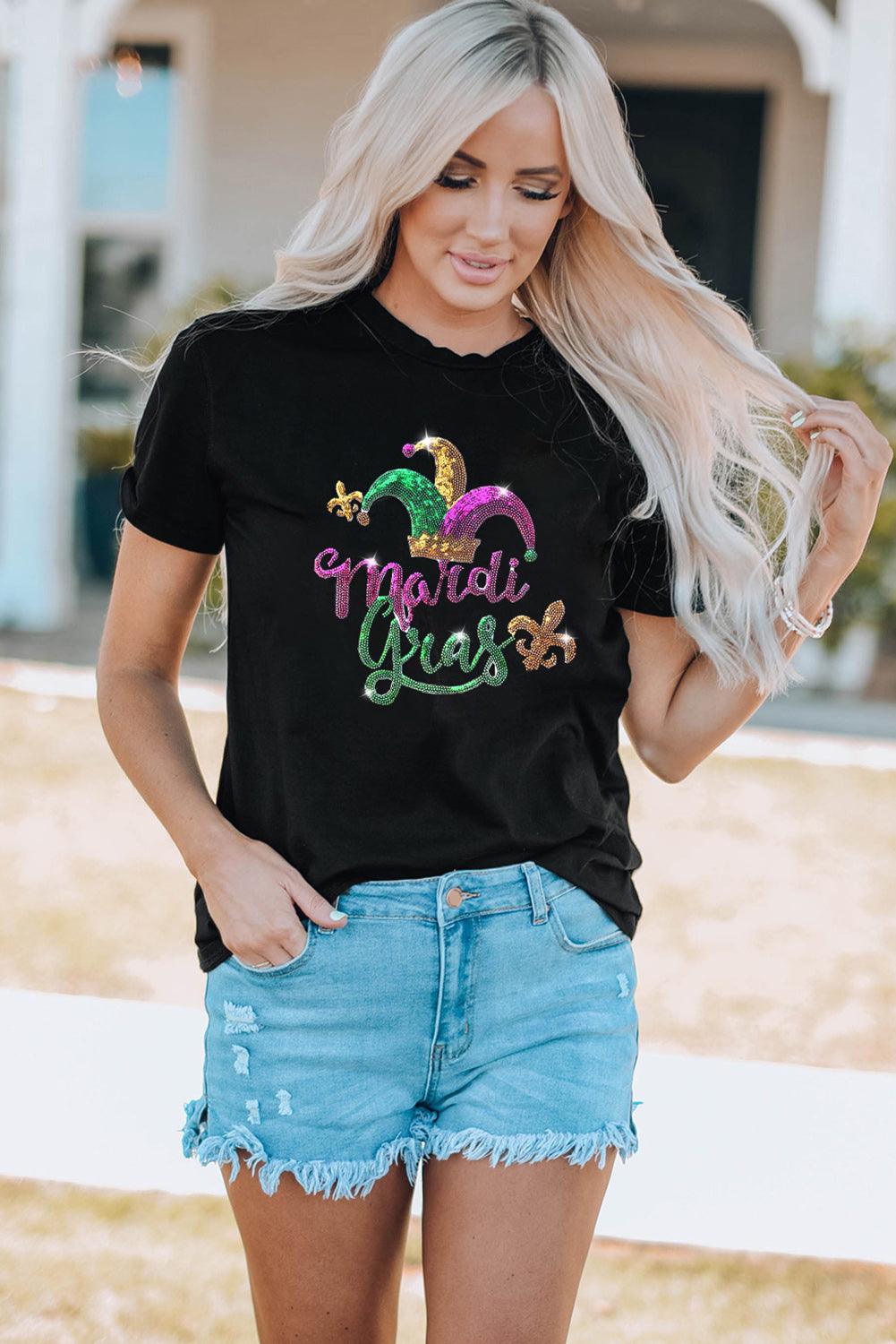 Black Mardi Gras Sequin Pattern Crew Neck T Shirt - L & M Kee, LLC