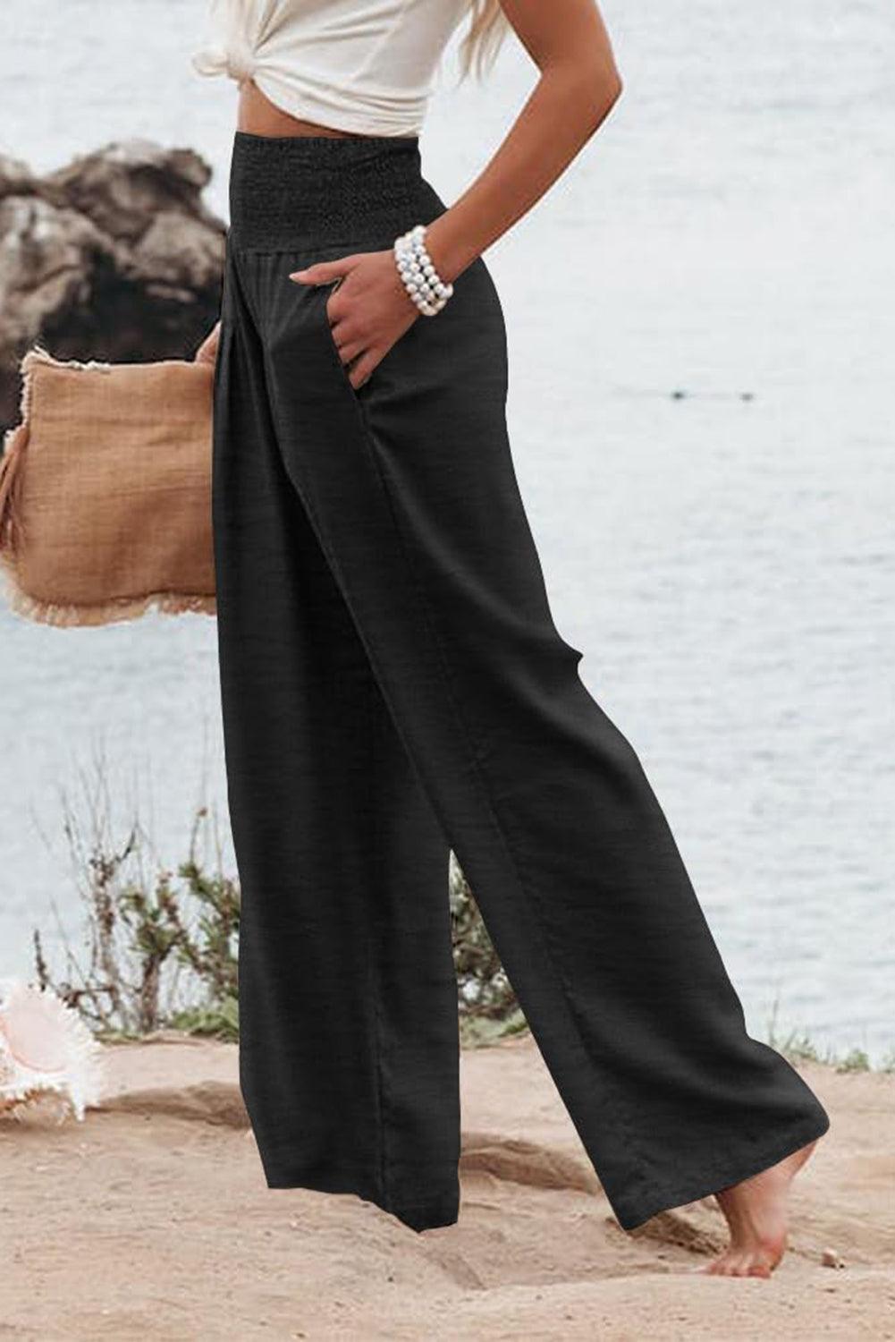 Black Shirred High Waist Plus Size Wide Leg Pants - L & M Kee, LLC