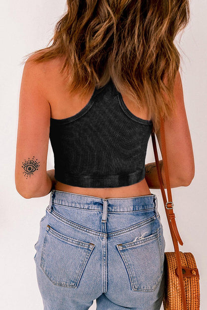 Black Ribbed Mineral Wash Racerback Cropped Tank Top - L & M Kee, LLC