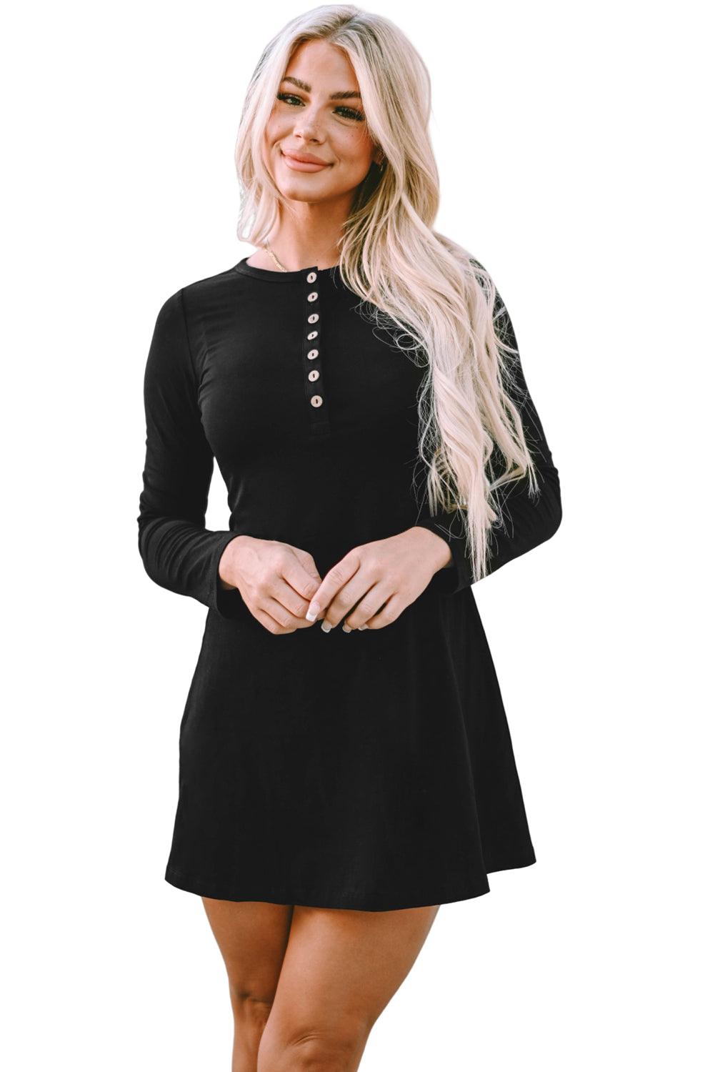 Black Solid Long Sleeve Henley Dress - L & M Kee, LLC