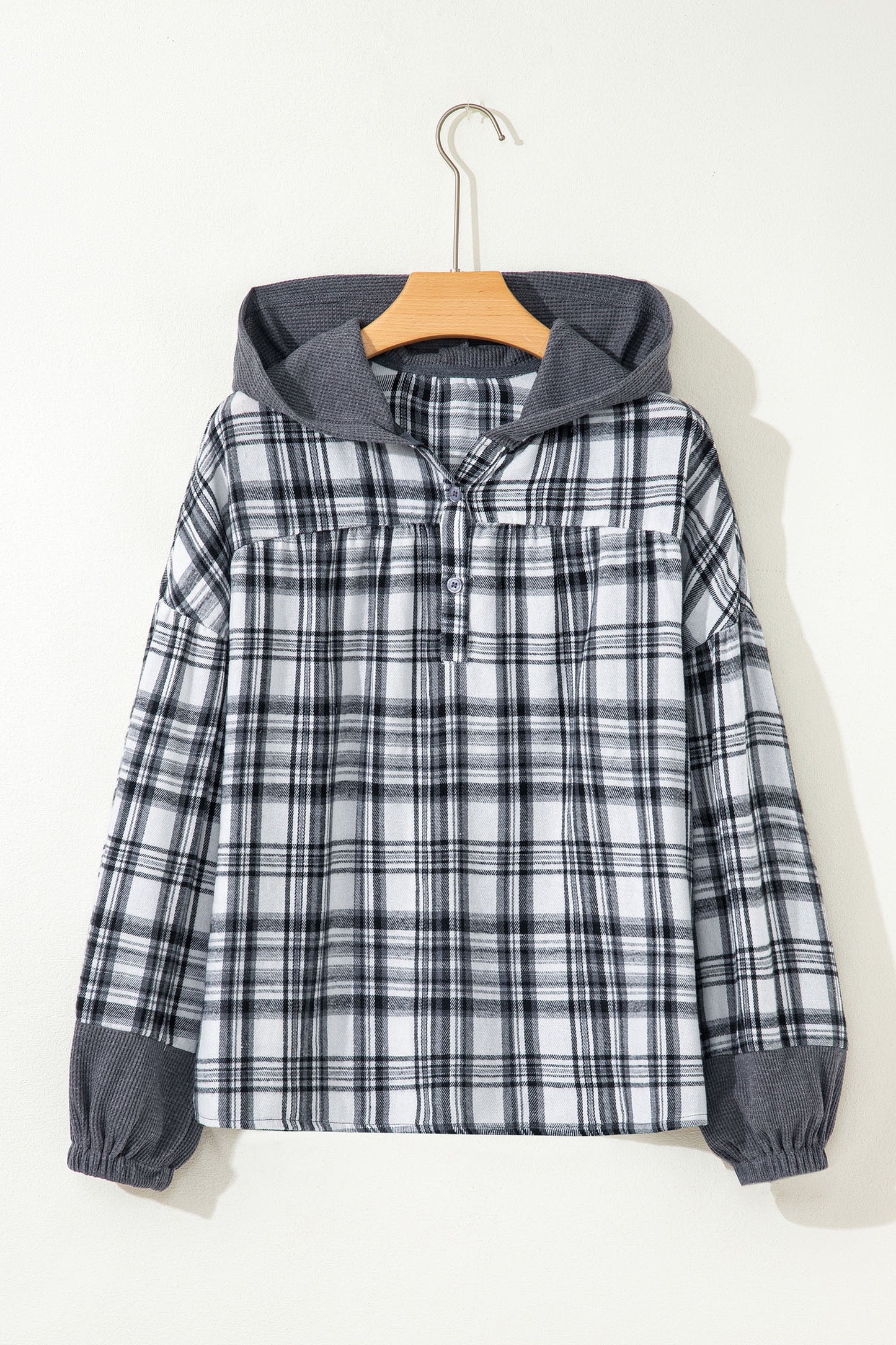 Gray Plaid Patchwork Long Sleeve Button Hooded Blouse