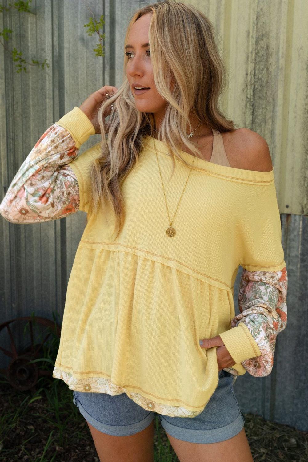 Yellow Floral Patchwork Waffle Knit Babydoll Blouse - L & M Kee, LLC