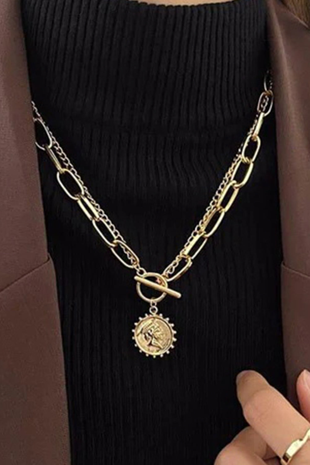 Gold Plated Vintage Carved Coin Pendant Chain Necklace