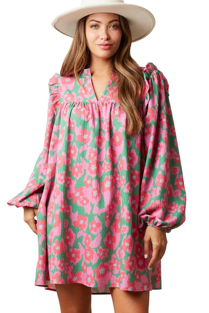 Pink Split V Neck Bubble Sleeve Loose Floral Dress - L & M Kee, LLC