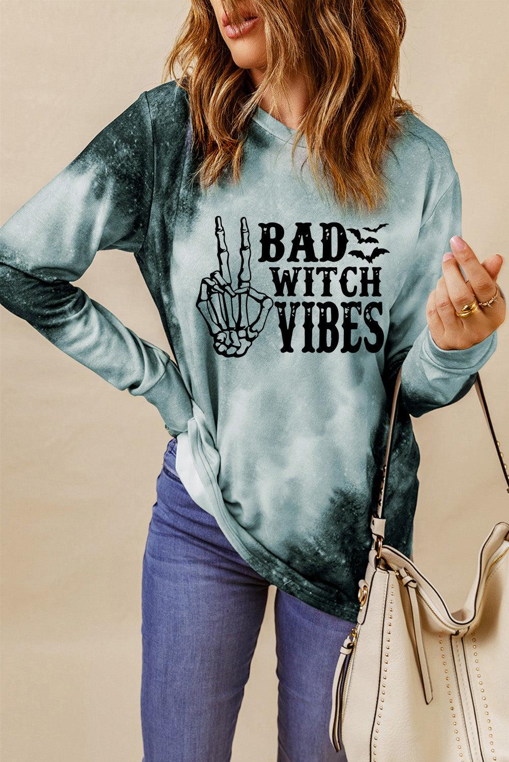 Gray Tie Dye BAD WITCH VIBES Graphic Long Sleeve Top - L & M Kee, LLC