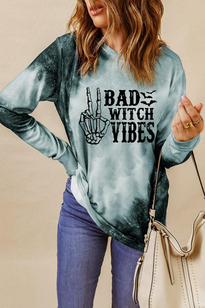 Gray Tie Dye BAD WITCH VIBES Graphic Long Sleeve Top - L & M Kee, LLC