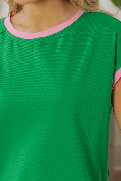 Bright Green Two Tone Contrast Textured Crewneck Tee and Shorts Set