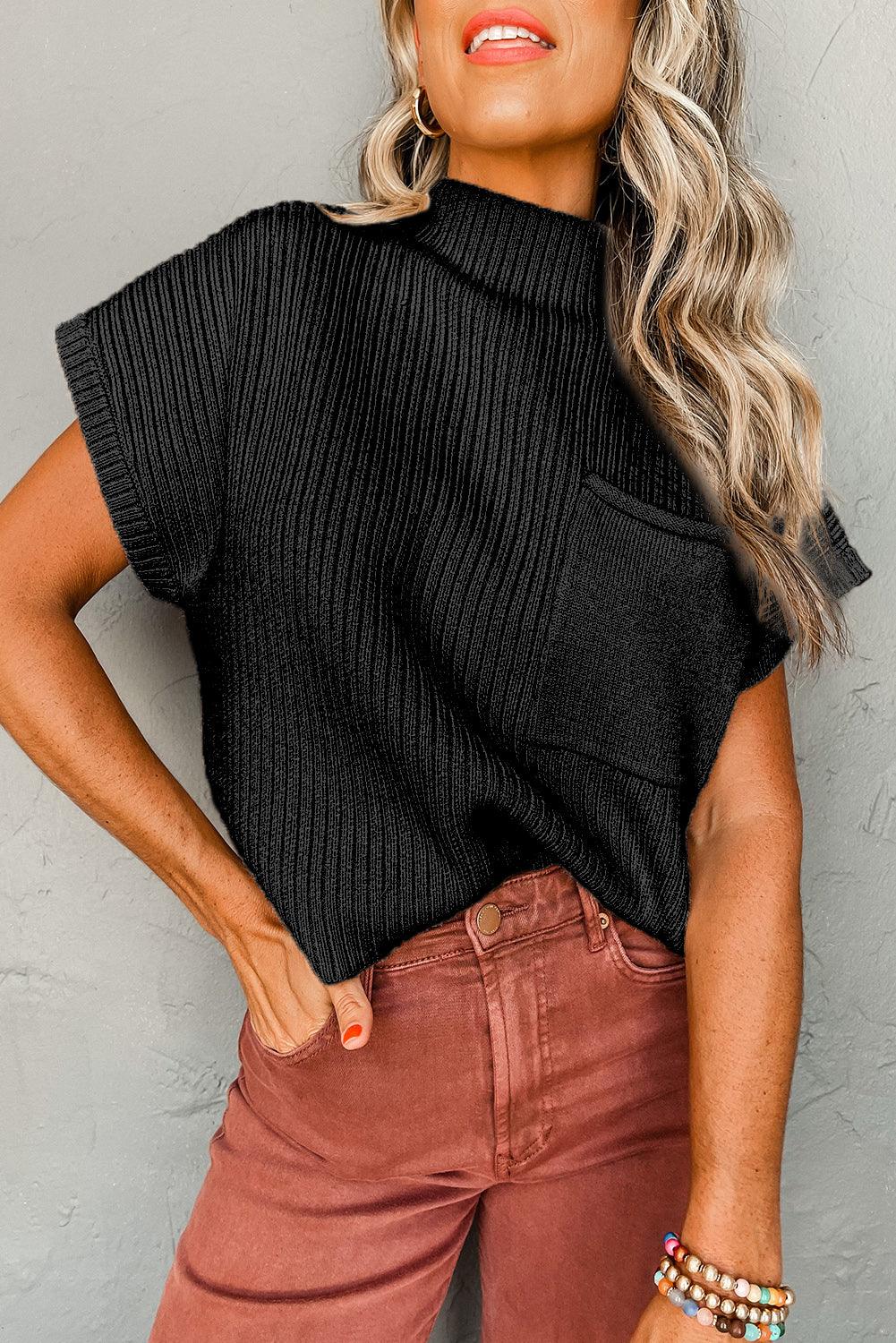 Black Patch Pocket Ribbed Knit Short Sleeve Sweater - L & M Kee, LLC