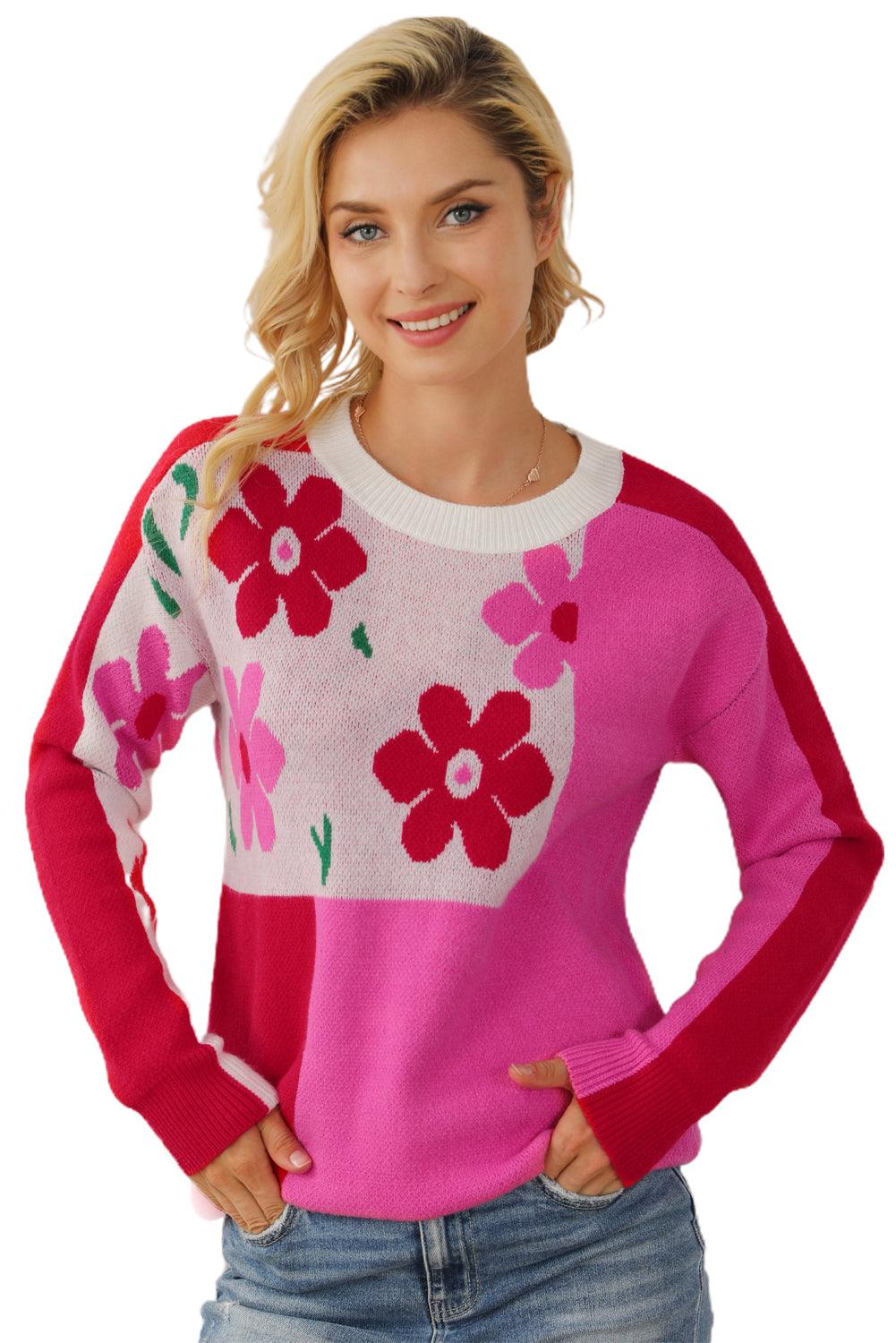 Rose Red Floral Mixed Color Block Sweater - L & M Kee, LLC