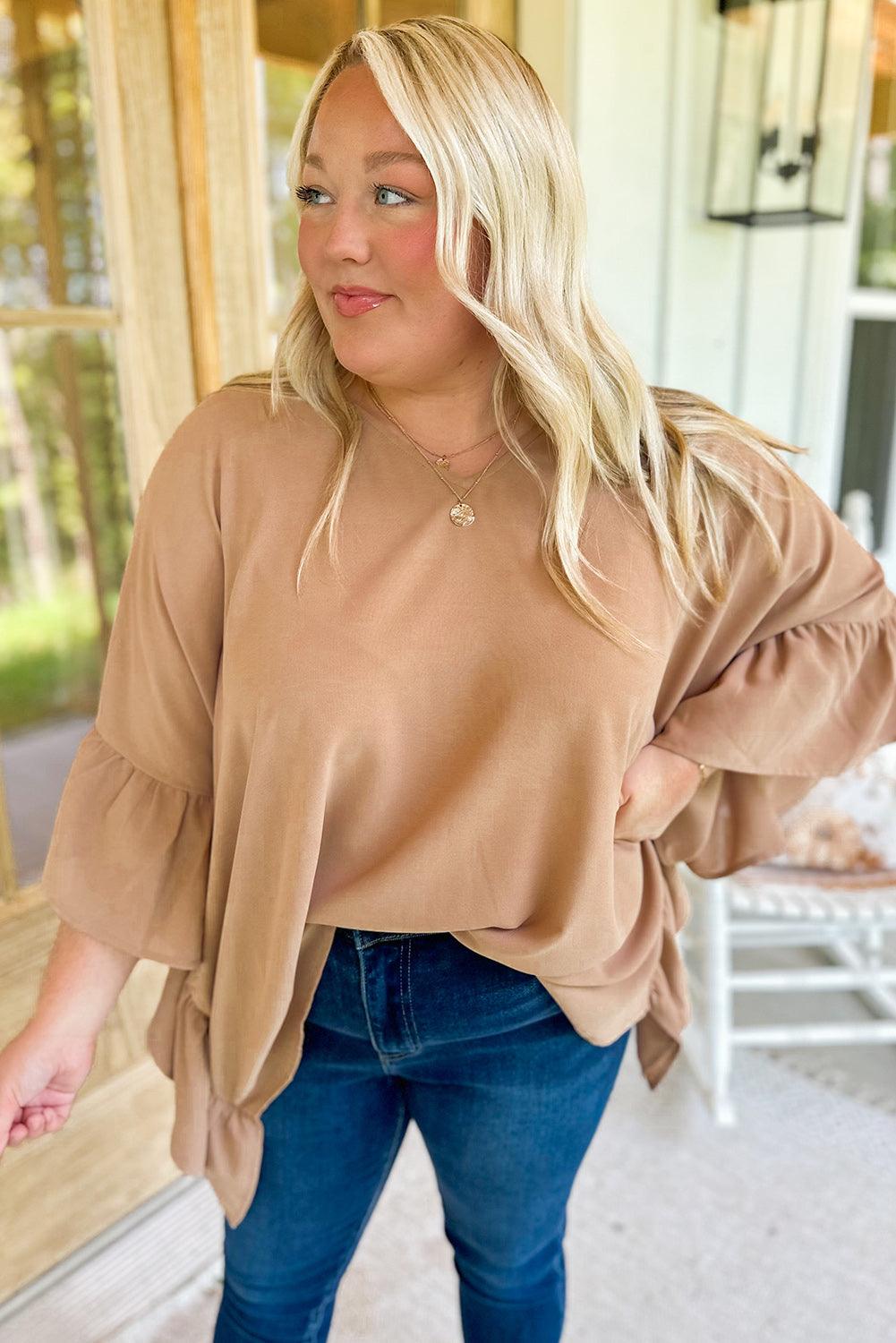 Smoke Gray Plus Size Ruffled Batwing Sleeve V Neck Blouse - L & M Kee, LLC