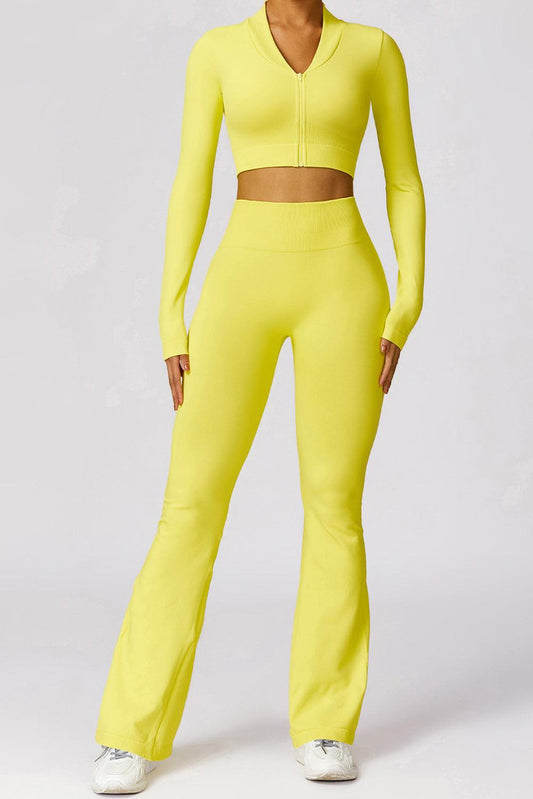 Yellow Long Sleeve Crop Top and Flare Pants Workout Set