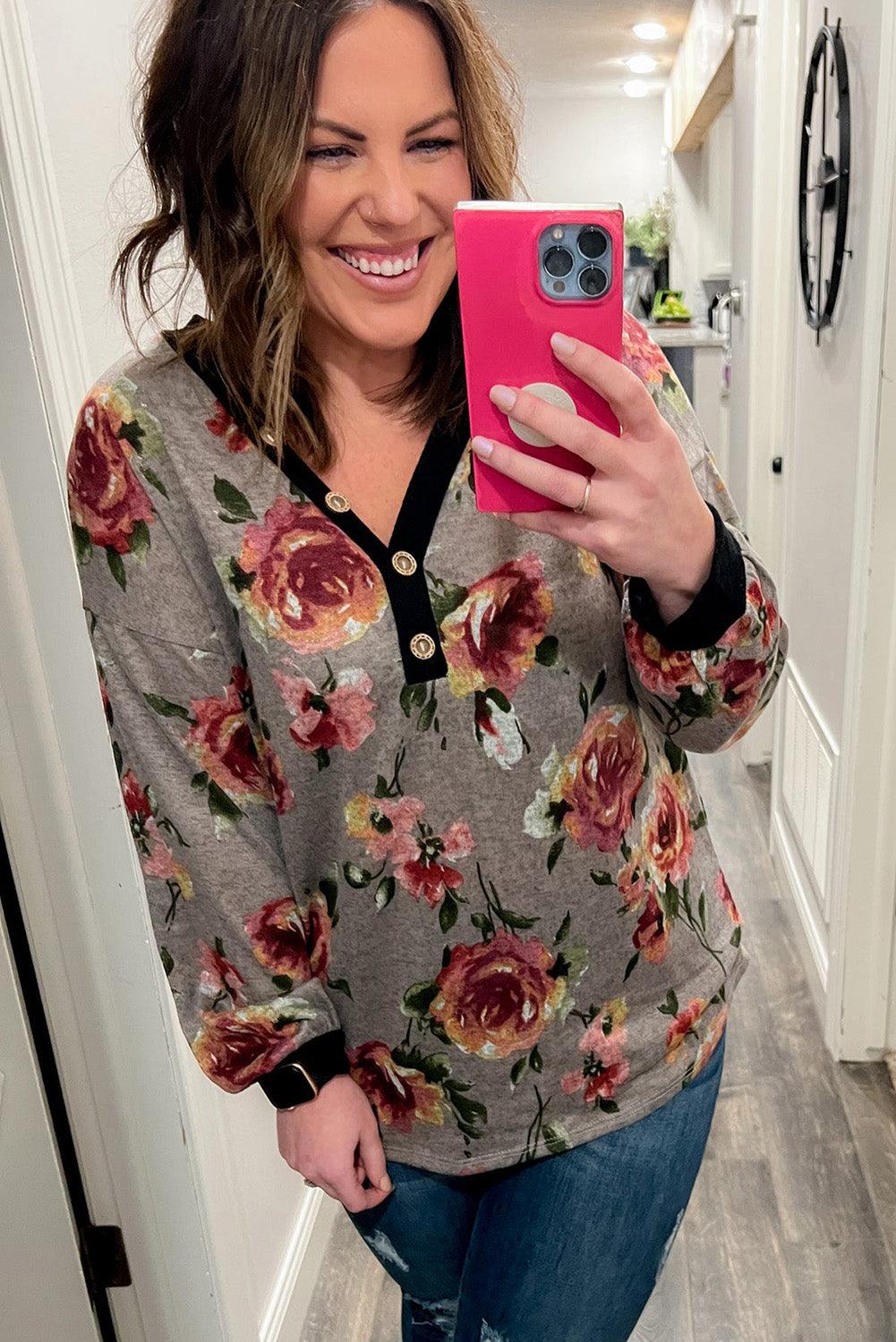 Gray Floral Long Sleeve Plus Size Henley Top - L & M Kee, LLC
