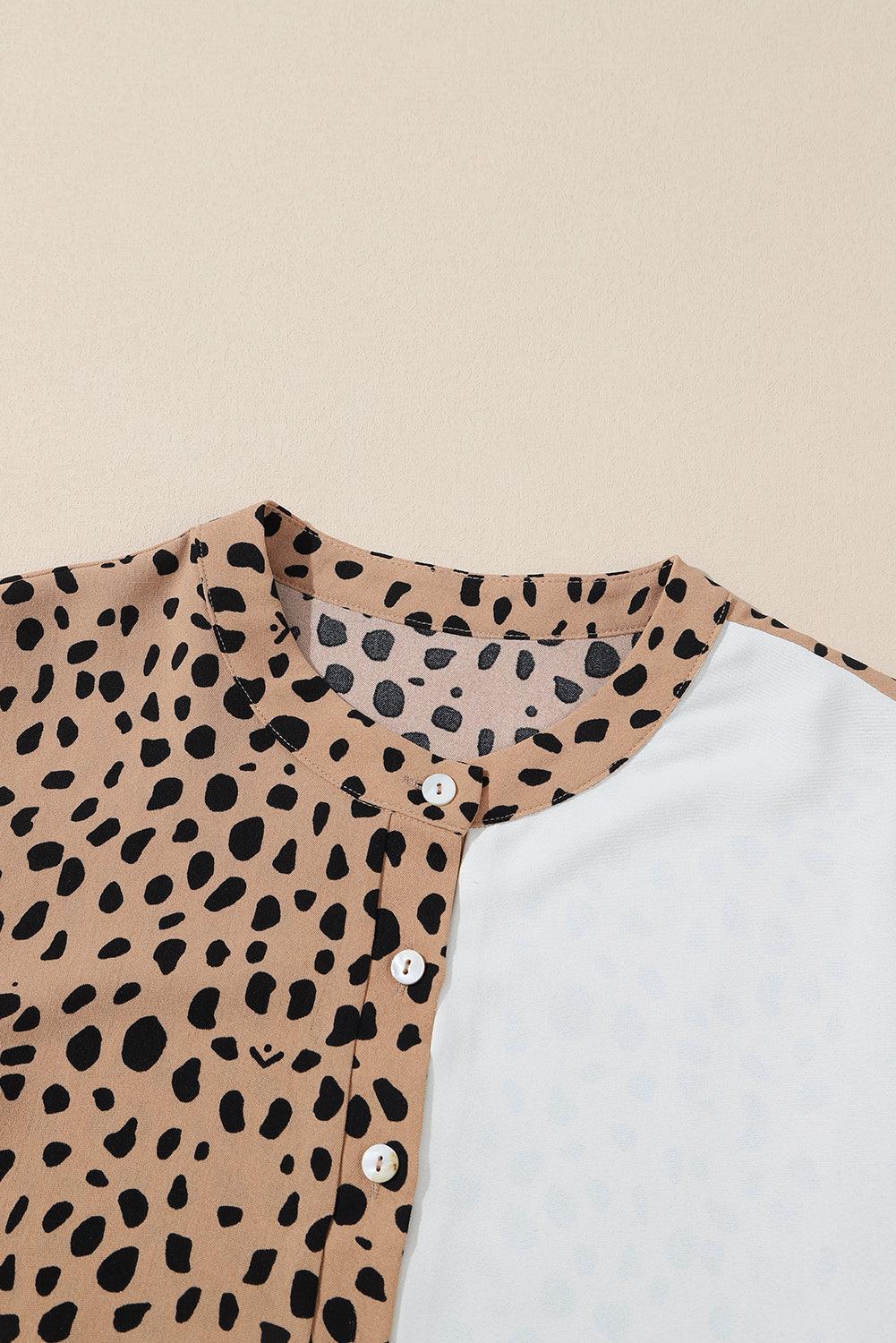 Khaki Leopard Contrast Half Button Casual Blouse - L & M Kee, LLC