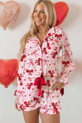 Red Bow Print Valentine Long Sleeve Shirt Shorts 2 Pcs Pajama Set